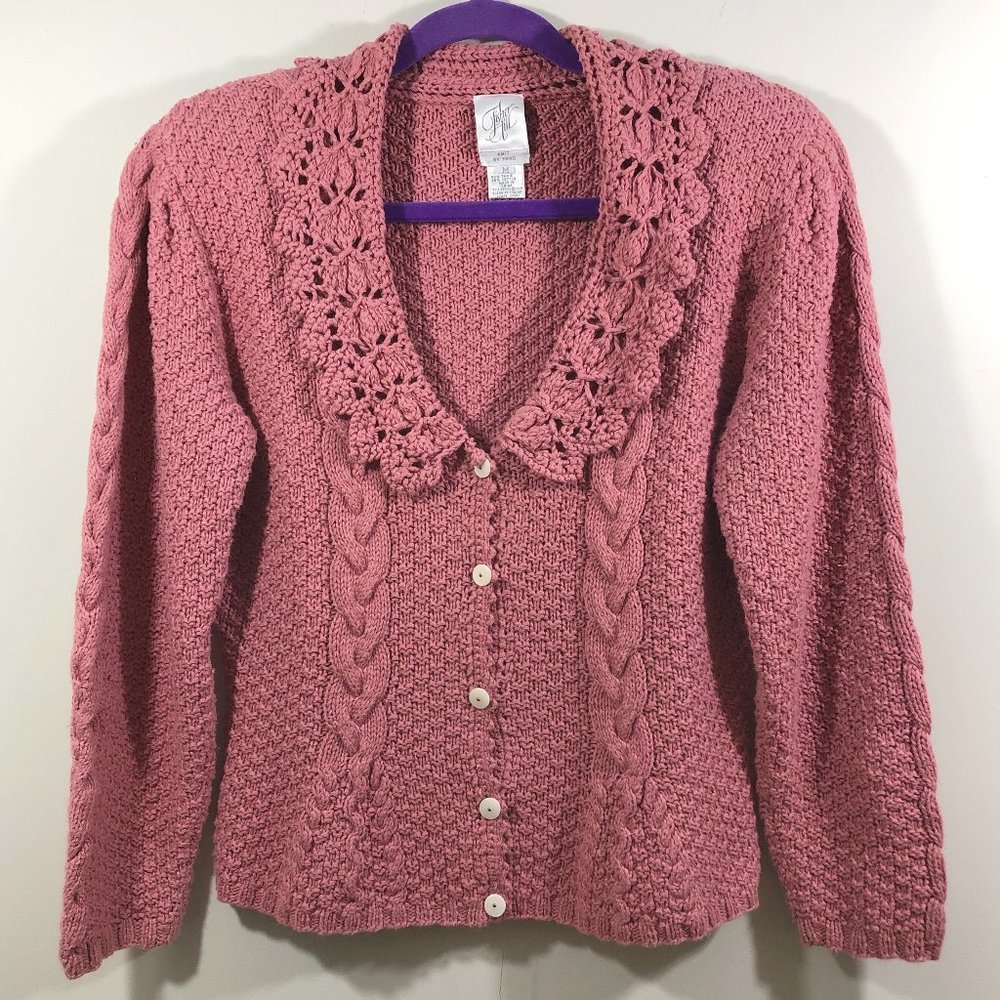 Susan Bristol Pink Crochet Trim Cable Knit Cardigan